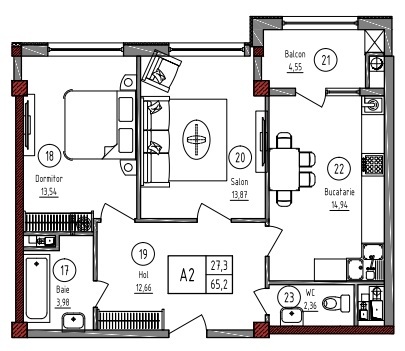 Schița 2 camere apartamentului, 65.2 m2 în Complexul Rezidențial Paris, Chişinău