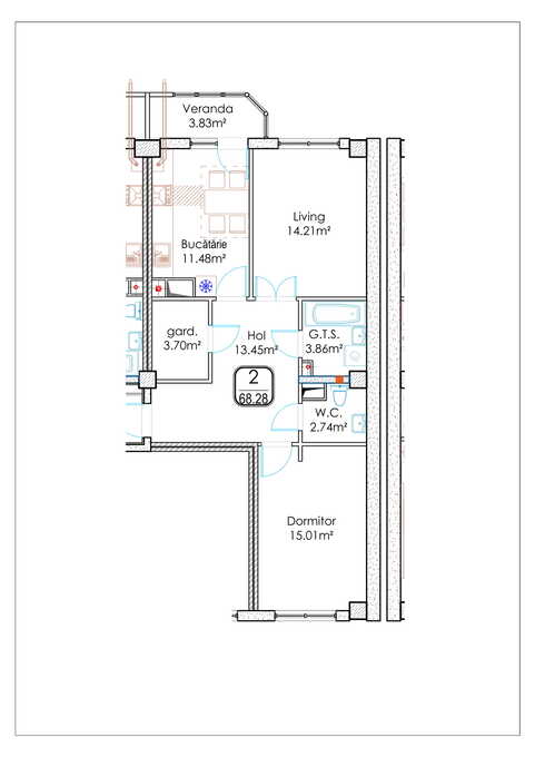Планировка 2-комнатные квартиры, 68.28 m2 в ЖК Alba Iulia Residence, в г. Кишинёва