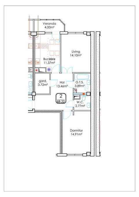 Планировка 2-комнатные квартиры, 68.22 m2 в ЖК Alba Iulia Residence, в г. Кишинёва