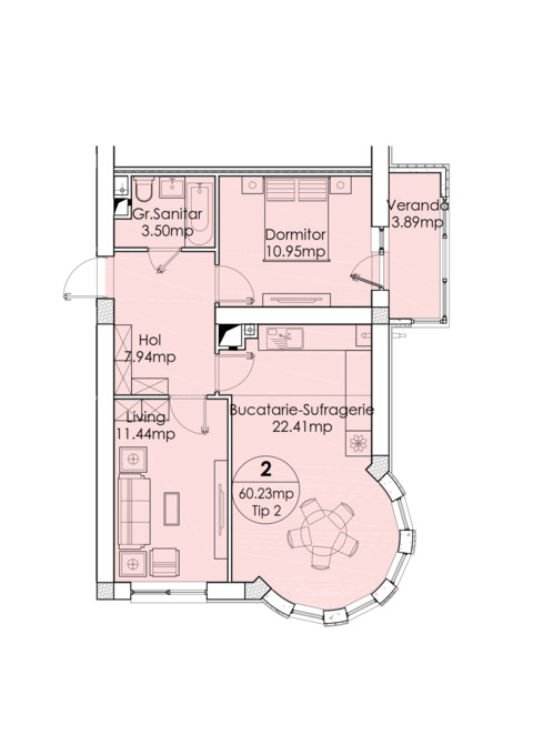 Schița 2 camere apartamentului, 60.23 m2 în Cartierul Fаmilia, Chişinău