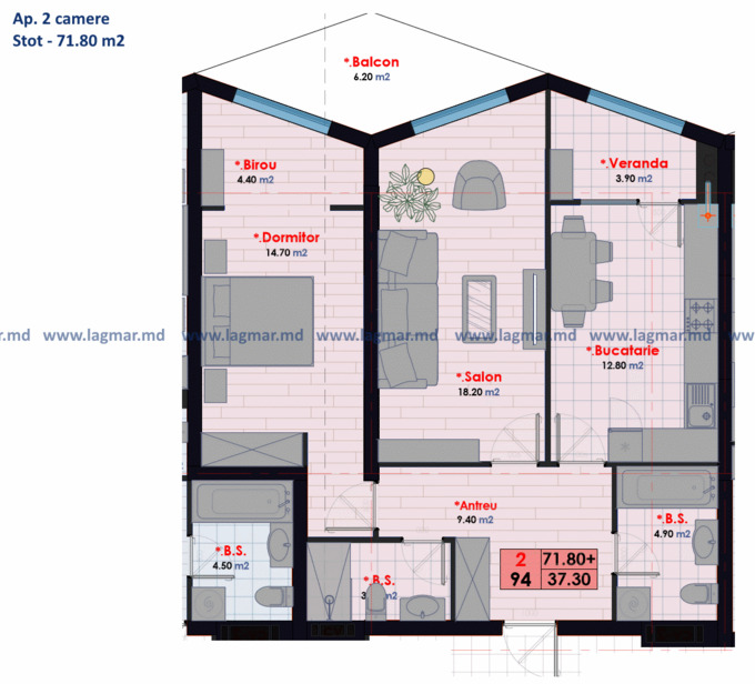 Schița 2 camere apartamentului, 71.8 m2 în Complex locativ Testemițanu, Chişinău