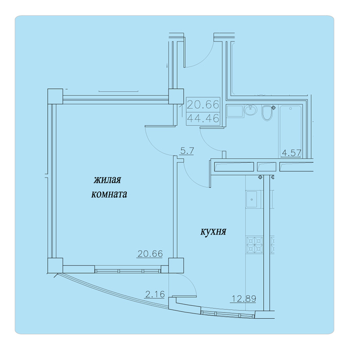Планировка 1-комнатные квартиры, 44.46 m2 в ЖК Pietrarilor, в г. Кишинёва