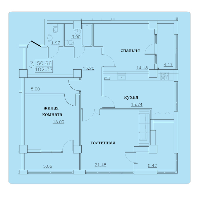 Планировка 3-комнатные квартиры, 102.37 m2 в ЖК Pietrarilor, в г. Кишинёва