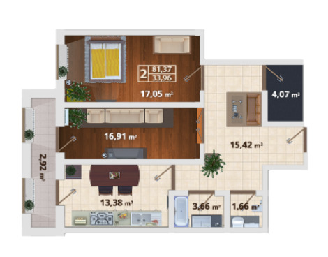 Schița 2 camere apartamentului, 81.37 m2 în Bloc Locativ Grigore Ureche 67, Chişinău