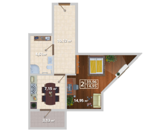 Schița 2 camere apartamentului, 39.96 m2 în Bloc Locativ Grigore Ureche 67, Chişinău