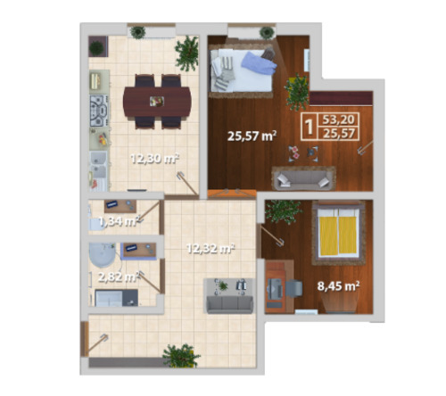 Schița 1 camere apartamentului, 53.2 m2 în Bloc Locativ Grigore Ureche 67, Chişinău