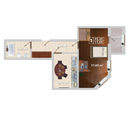 Schița 1 camere apartamentului, 45.2 m2 în Bloc Locativ Grigore Ureche 67, Chişinău