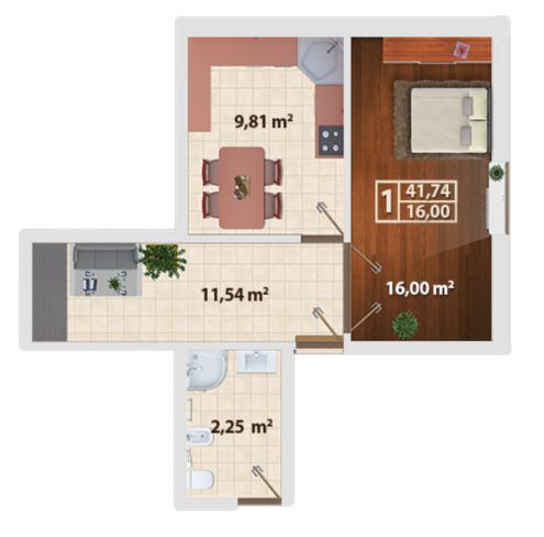 Schița 1 camere apartamentului, 41.71 m2 în Bloc Locativ Grigore Ureche 67, Chişinău