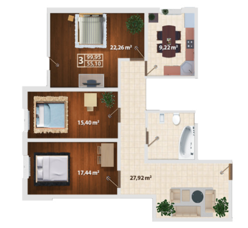 Schița 2 camere apartamentului, 99.95 m2 în Bloc Locativ Grigore Ureche 67, Chişinău