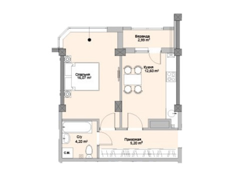 Schița 1 camere apartamentului, 41.06 m2 în Complex Green Park Home, Chişinău