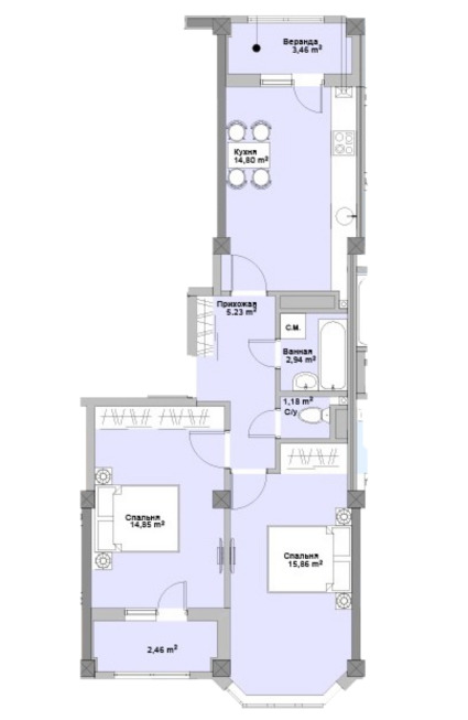 Планировка 2-комнатные квартиры, 60.78 m2 в ЖК Ashabad, в г. Кишинёва