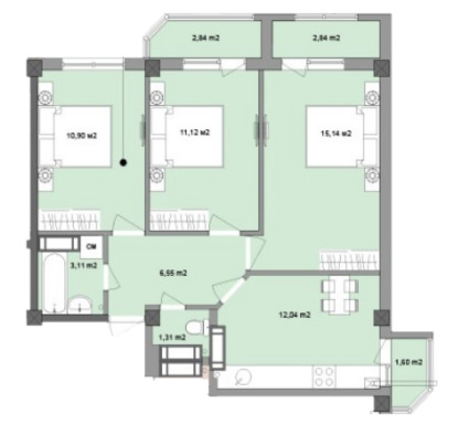 Планировка 3-комнатные квартиры, 65.85 m2 в ЖК Cosmescu, в г. Кишинёва