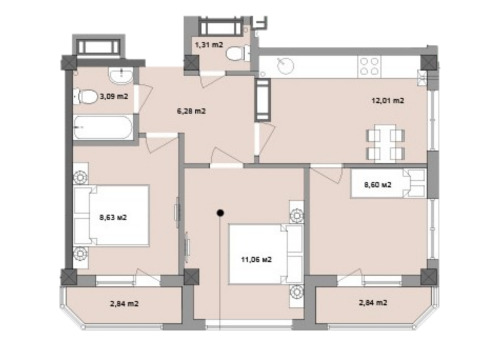 Планировка 3-комнатные квартиры, 56.66 m2 в ЖК Cosmescu, в г. Кишинёва