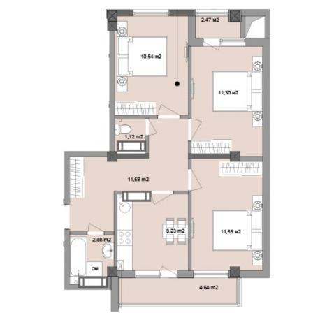 Планировка 3-комнатные квартиры, 64.32 m2 в ЖК Cosmescu, в г. Кишинёва