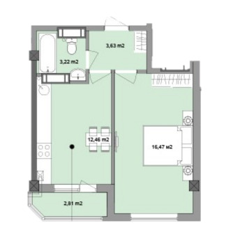 Планировка 1-комнатные квартиры, 38.59 m2 в ЖК Cosmescu, в г. Кишинёва