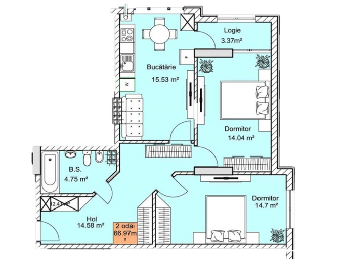 Планировка 2-комнатные квартиры, 66.97 m2 в ЖК O. Ghibu 3, в г. Кишинёва