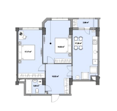 Schița 2 camere apartamentului, 68.31 m2 în Bloc Loactiv Prigoreni, Chişinău