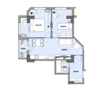 Планировка 2-комнатные квартиры, 55.03 m2 в ЖД Prigoreni, в г. Кишинёва
