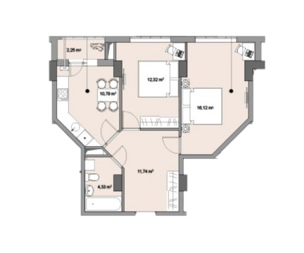 Schița 2 camere apartamentului, 57.55 m2 în Bloc Loactiv Prigoreni, Chişinău