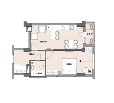 Планировка 1-комнатные квартиры, 47.55 m2 в ЖД Prigoreni, в г. Кишинёва