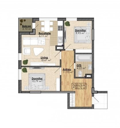 Schița 2 camere apartamentului, 63.75 m2 în Complex Dendrarium Residence, Chişinău