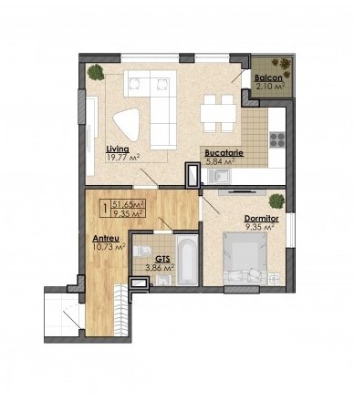 Schița 1 camere apartamentului, 51.65 m2 în Complex Dendrarium Residence, Chişinău