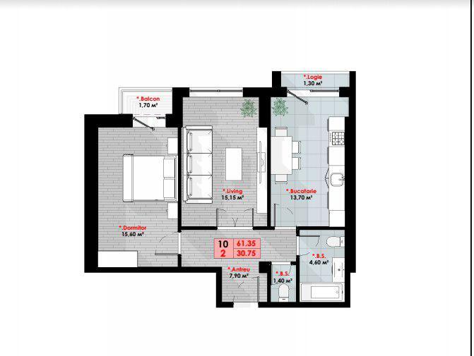 Schița 2 camere apartamentului, 61.35 m2 în Complex Cottage Residence, Chişinău
