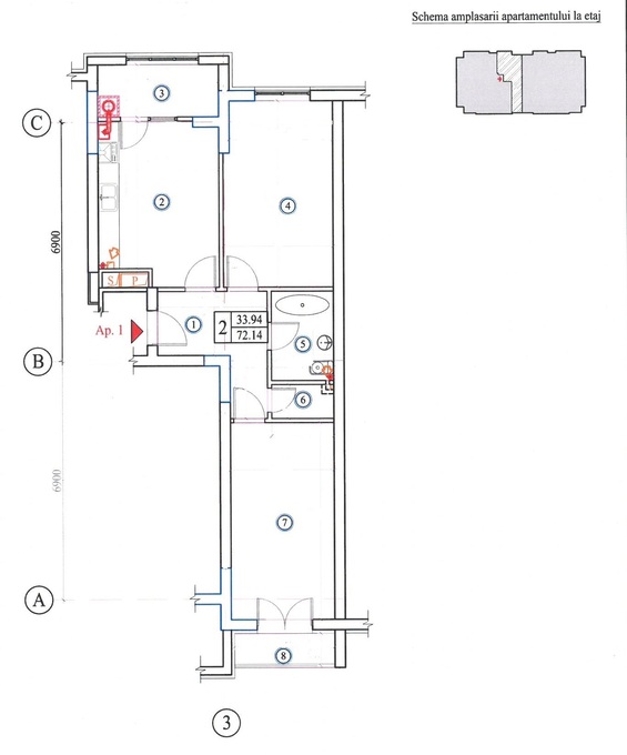 Планировка 2-комнатные квартиры, 72.14 m2 в ЖД Lake City, в г. Кишинёва