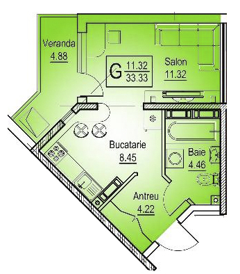 Планировка 1-комнатные квартиры, 33.33 m2 в ЖК Mircea cel Bătrîn, 41, в г. Кишинёва