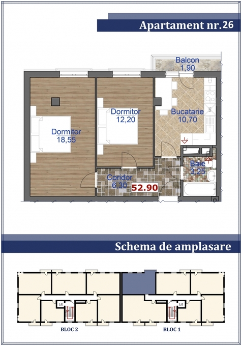 Планировка 2-комнатные квартиры, 52.9 m2 в ЖД Locativ Milescu Spataru, 27, в г. Кишинёва