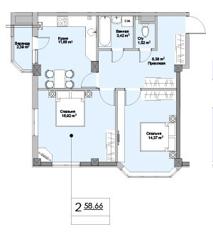 Планировка 2-комнатные квартиры, 58.66 m2 в ЖК Ashabad, в г. Кишинёва