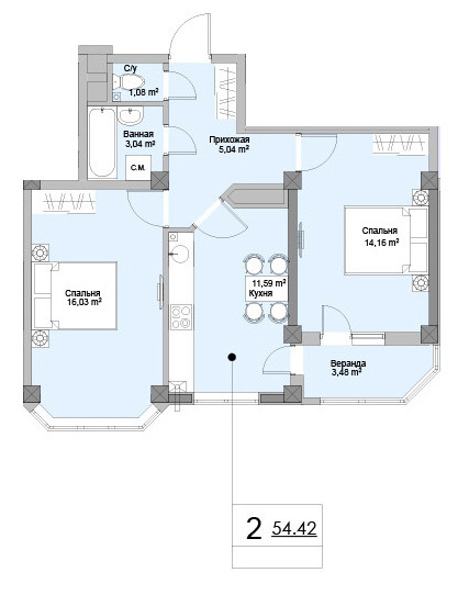 Планировка 2-комнатные квартиры, 54.42 m2 в ЖК Ashabad, в г. Кишинёва