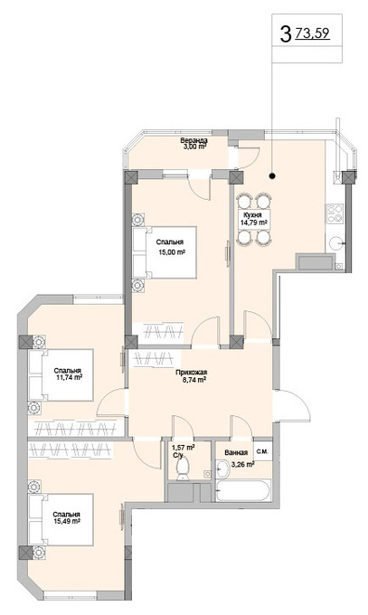 Планировка 3-комнатные квартиры, 73.59 m2 в ЖК Ashabad, в г. Кишинёва