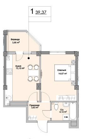 Планировка 1-комнатные квартиры, 39.37 m2 в ЖК Ashabad, в г. Кишинёва