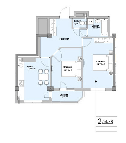 Планировка 2-комнатные квартиры, 54.78 m2 в ЖК Ashabad, в г. Кишинёва