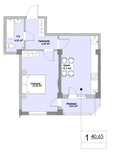 Планировка 1-комнатные квартиры, 40.65 m2 в ЖК Ashabad, в г. Кишинёва