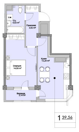 Планировка 1-комнатные квартиры, 39.56 m2 в ЖК Ashabad, в г. Кишинёва