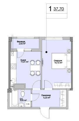 Планировка 1-комнатные квартиры, 37.7 m2 в ЖК Ashabad, в г. Кишинёва