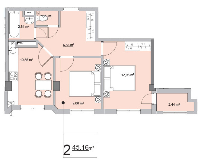 Планировка 2-комнатные квартиры, 45.16 m2 в ЖК Ashabad, в г. Кишинёва