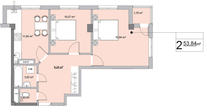 Планировка 2-комнатные квартиры, 53.84 m2 в ЖК Ashabad, в г. Кишинёва