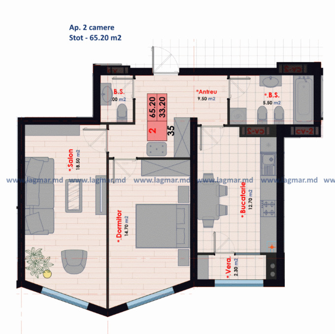 Schița 2 camere apartamentului, 65.2 m2 în Complex locativ Testemițanu, Chişinău