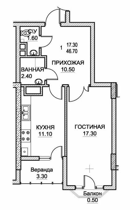 Планировка 1-комнатные квартиры, 46.7 m2 в ЖК Albisoara 78/4, в г. Кишинёва