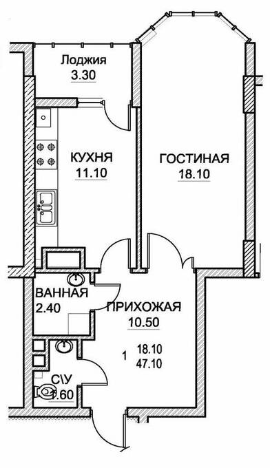 Планировка 1-комнатные квартиры, 47.1 m2 в ЖК Albisoara 78/4, в г. Кишинёва