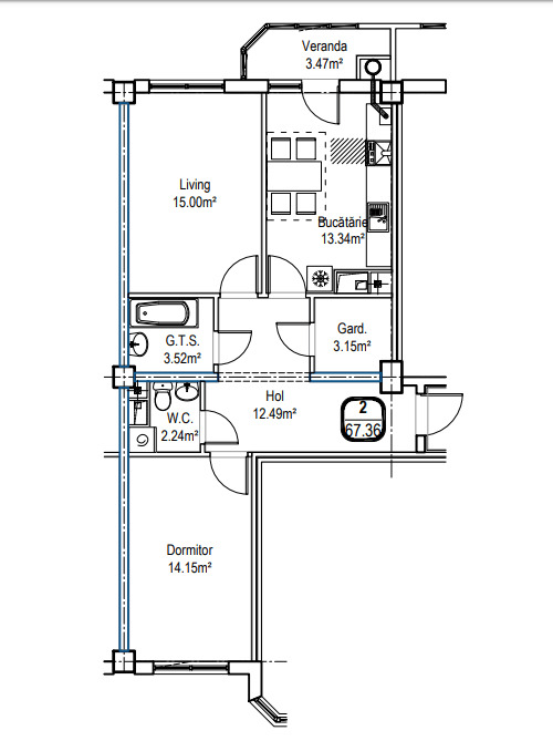 Планировка 2-комнатные квартиры, 67.36 m2 в ЖК Alba Iulia Residence, в г. Кишинёва