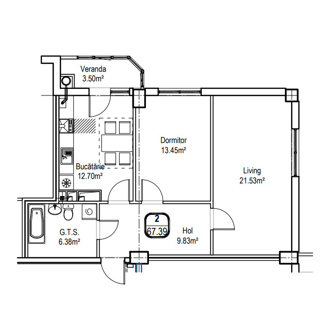 Планировка 2-комнатные квартиры, 67.39 m2 в ЖК Alba Iulia Residence, в г. Кишинёва