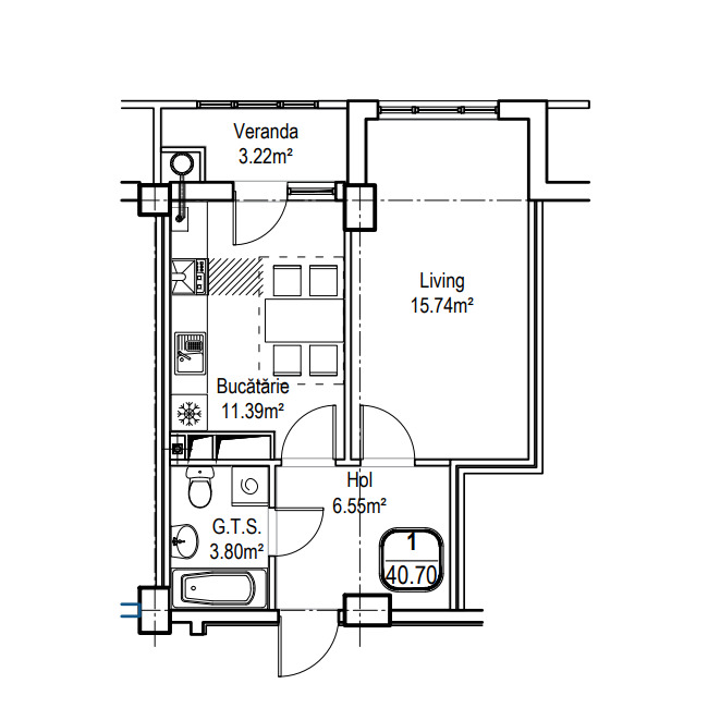 Планировка 1-комнатные квартиры, 40.7 m2 в ЖК Alba Iulia Residence, в г. Кишинёва