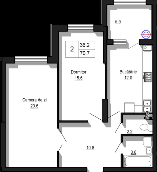 Schița 2 camere apartamentului, 70.7 m2 în Tudor Vladimirescu,16, Chişinău