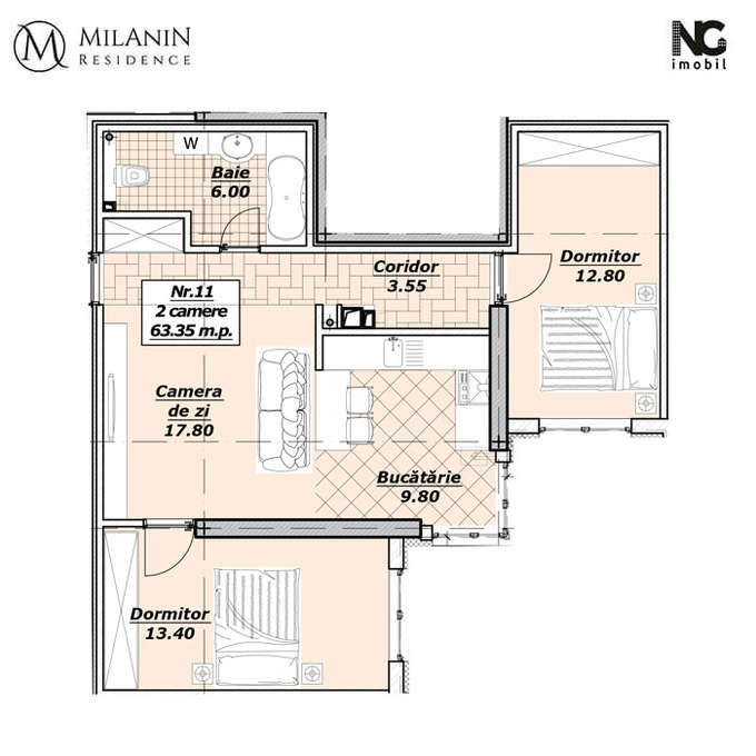 Schița 2 camere apartamentului, 63.35 m2 în Milanin Alexandru cel Bun, Chişinău