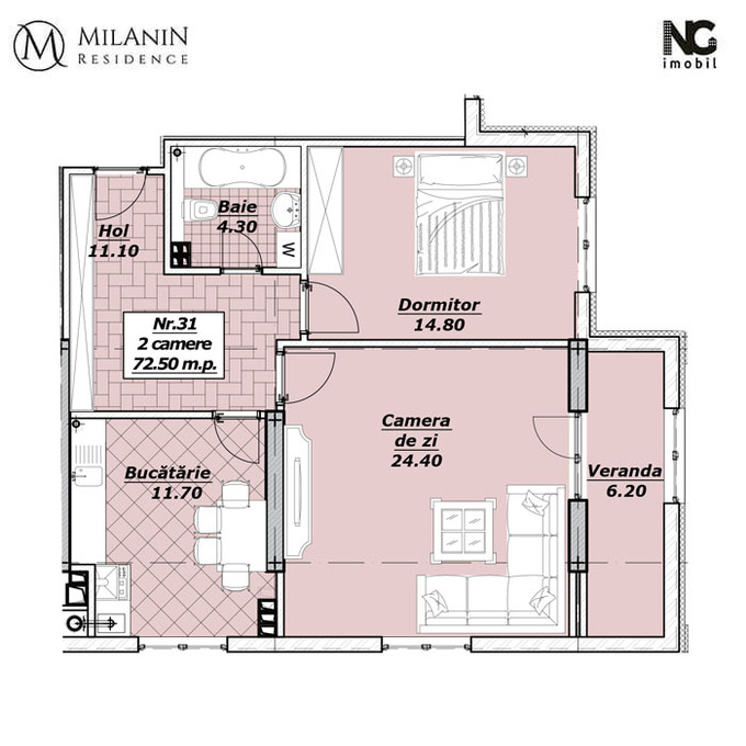 Schița 2 camere apartamentului, 72.5 m2 în Milanin Alexandru cel Bun, Chişinău