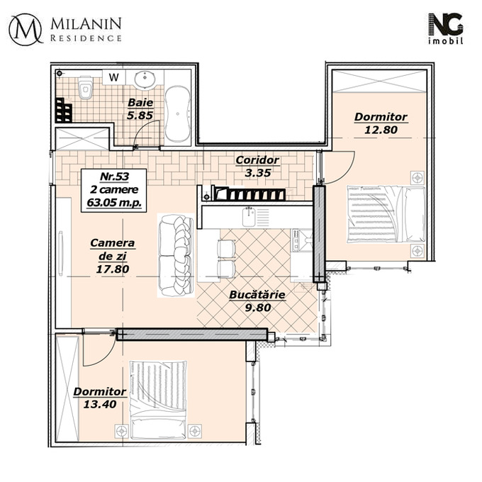 Schița 2 camere apartamentului, 63.05 m2 în Milanin Alexandru cel Bun, Chişinău